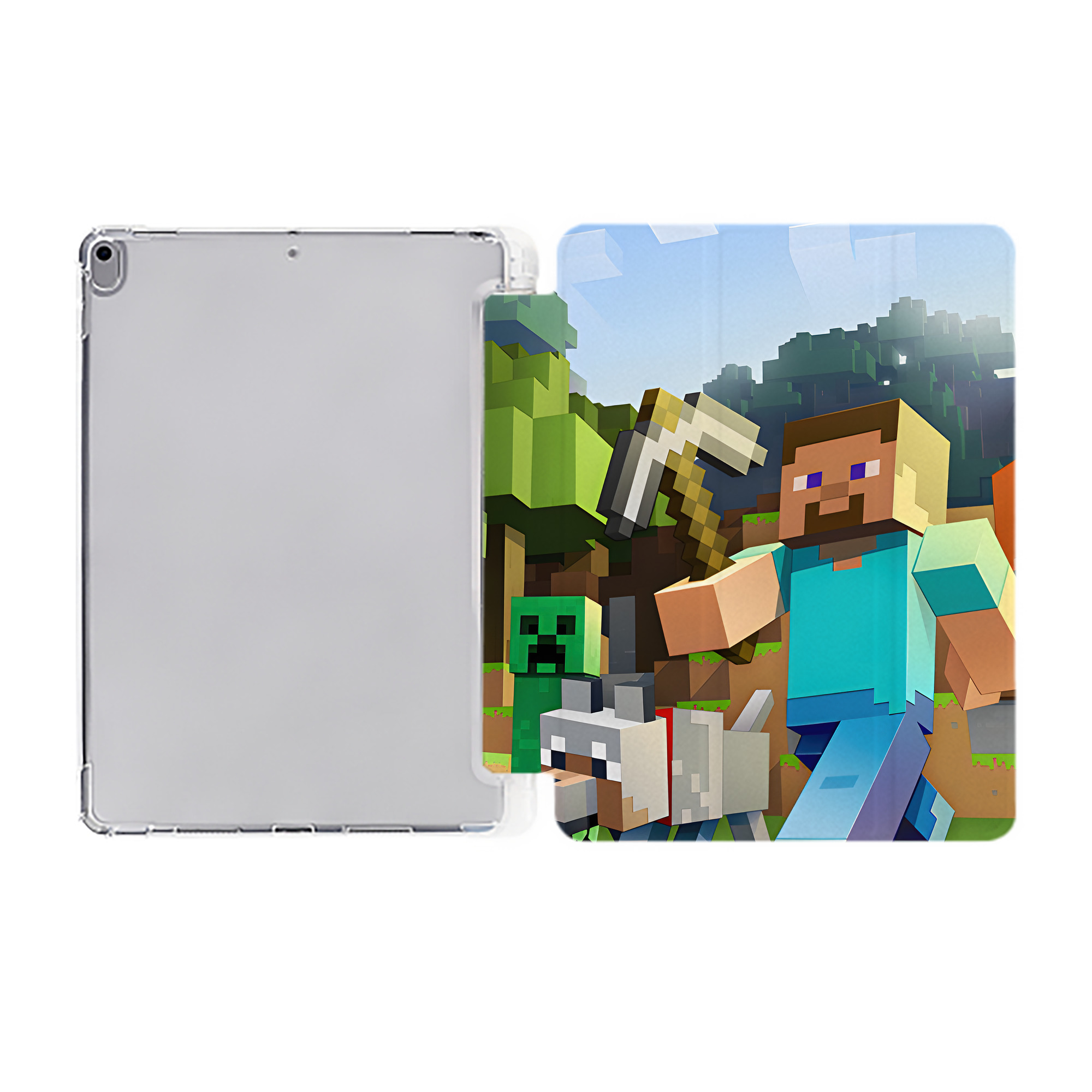 （画像用） マインクラフト ブロックの世界 Minecraft MC Block world IPad ケース ペン収納付き 三つ折りスタンド PUレザー×シリコン 対応機種9.5/10.5/10.9インチ